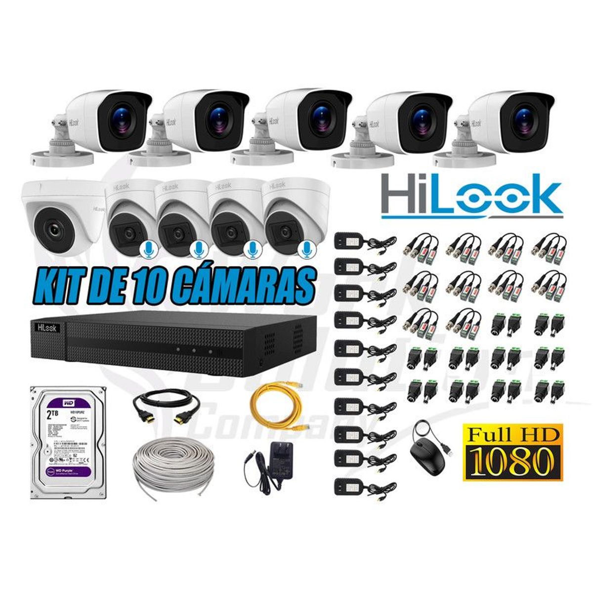 HILOOK - KIT 10 CÁMARAS SEGURIDAD FULL HD 04 CAMARA AUDIO INCORPORADO DISCO 2TB