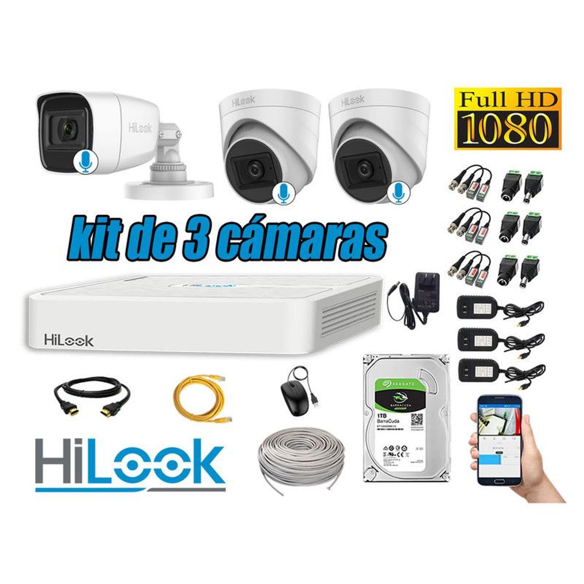 HILOOK - KIT 3 CÁMARAS SEGURIDAD FULL HD 3 CAMARA AUDIO INCORPORADO + DISCO 1TB