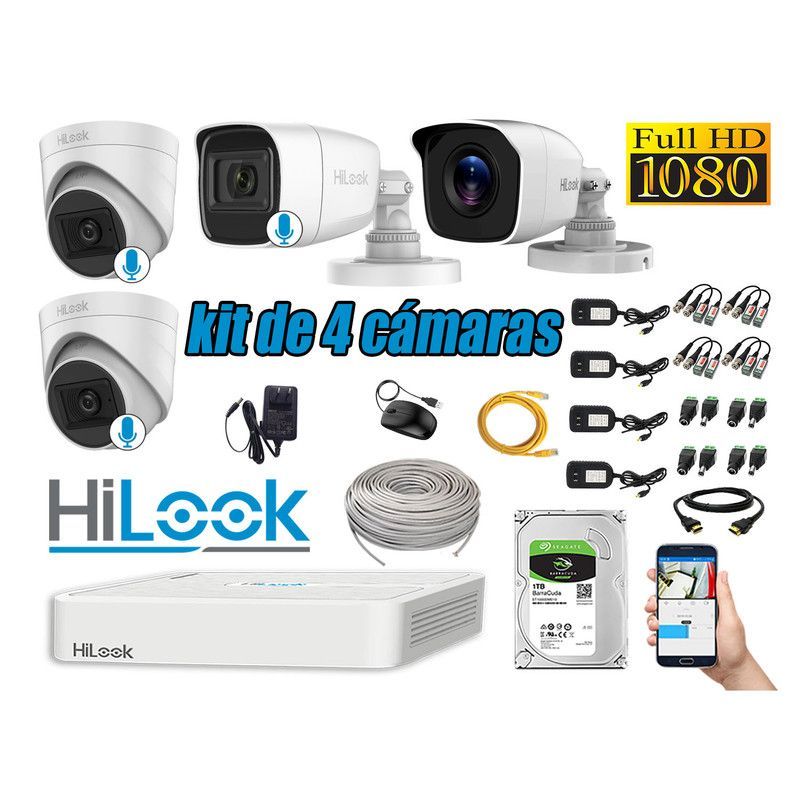 HILOOK - KIT 4 CÁMARAS SEGURIDAD FULL HD 3 CAMARA AUDIO INCORPORADO + DISCO 1TB