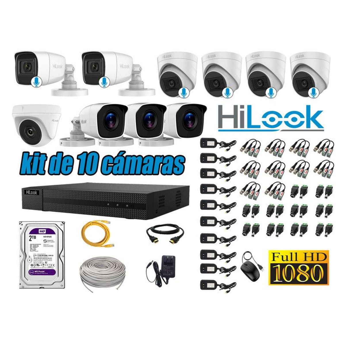 HILOOK - KIT 10 CÁMARAS SEGURIDAD FULL HD 6 CAMARA AUDIO INCORPORADO DISCO 2TB