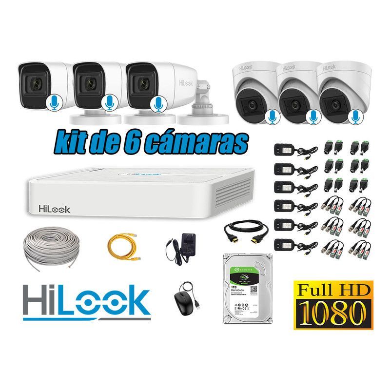 HILOOK - KIT 6 CÁMARAS SEGURIDAD AUDIO INCORPORADO FULL HD 1080P + DISCO 1TB