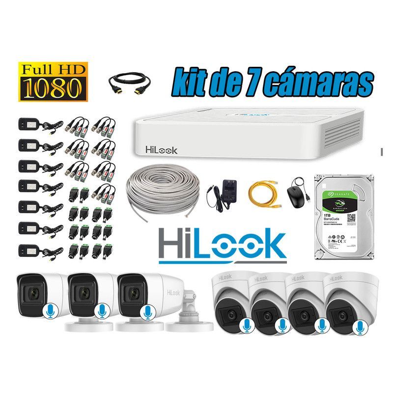 HILOOK - KIT 7 CÁMARAS SEGURIDAD AUDIO INCORPORADO FULL HD 1080P + DISCO 1TB