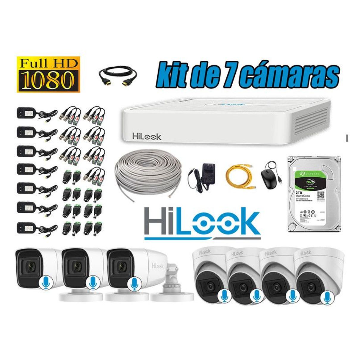 HILOOK - KIT 7 CÁMARAS SEGURIDAD AUDIO INCORPORADO FULL HD 1080P + DISCO 2TB