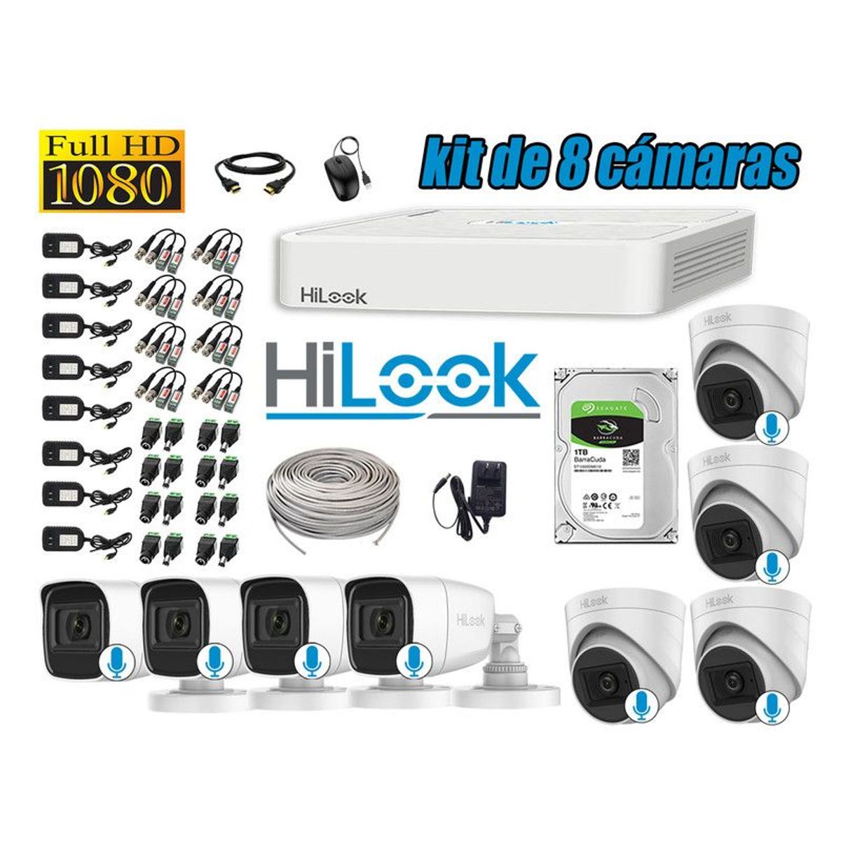 HILOOK - KIT 8 CÁMARAS SEGURIDAD AUDIO INCORPORADO FULL HD 1080P + DISCO 1TB