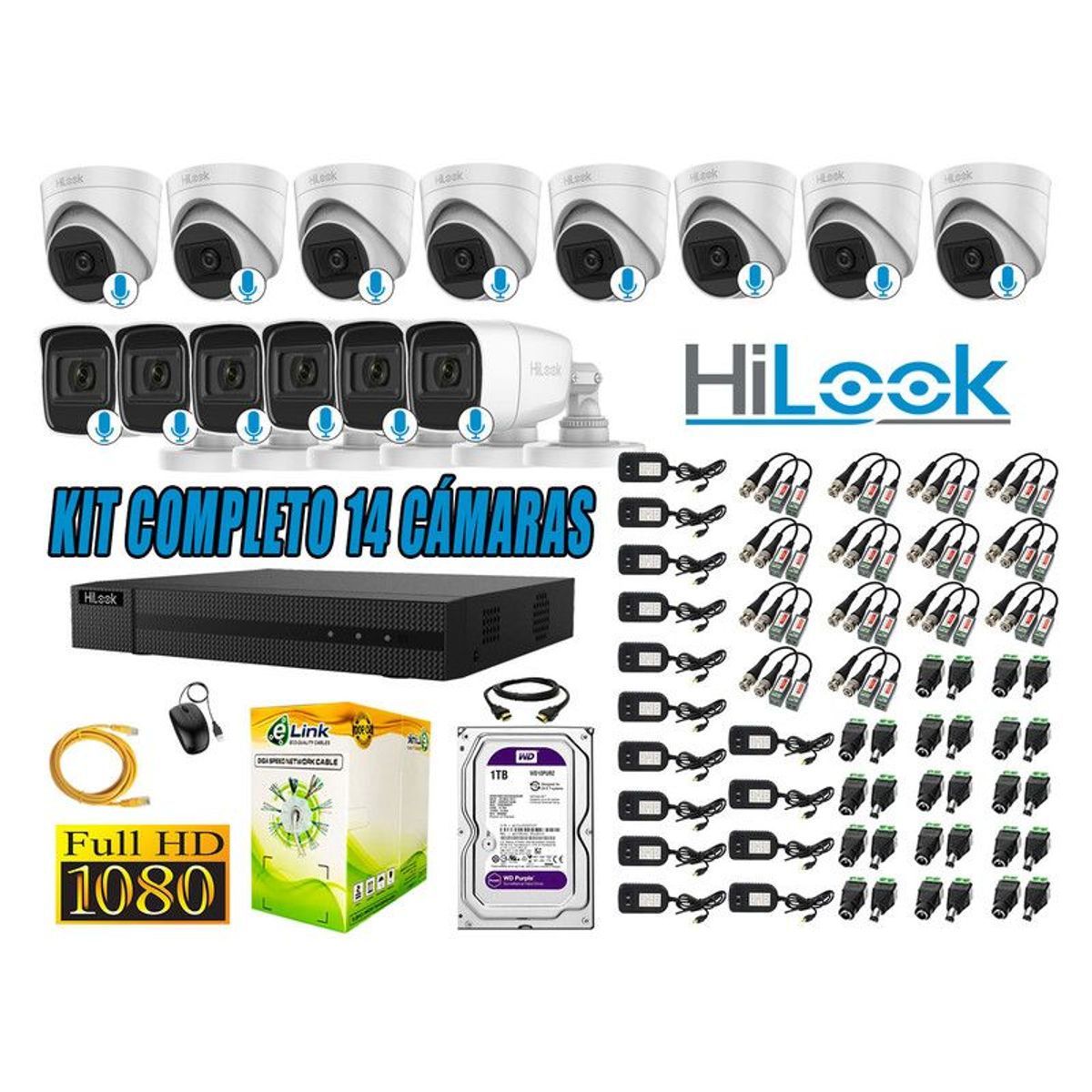 HILOOK - KIT 14 CÁMARAS SEGURIDAD AUDIO INCORPORADO FULL HD 1080P + DISCO 1TB