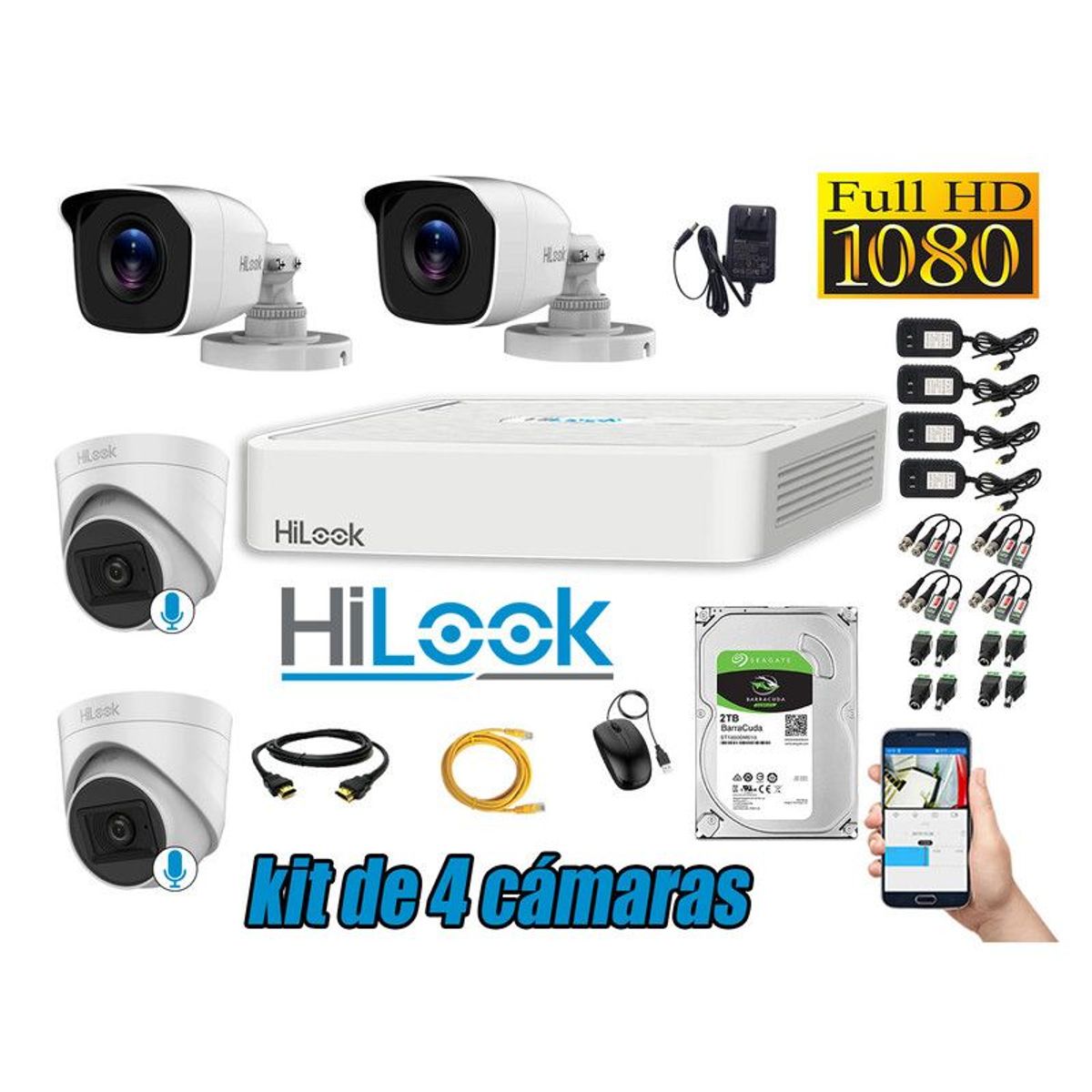 HILOOK - KIT 4 CÁMARAS SEGURIDAD FULL HD 02 CAMARA AUDIO INCORPORADO DISCO 2TB