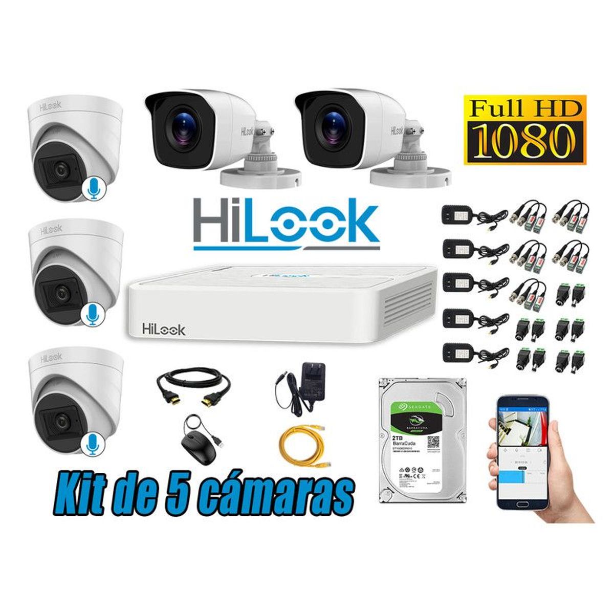HILOOK - KIT 5 CÁMARAS SEGURIDAD FULL HD 03 CAMARA AUDIO INCORPORADO DISCO 2TB