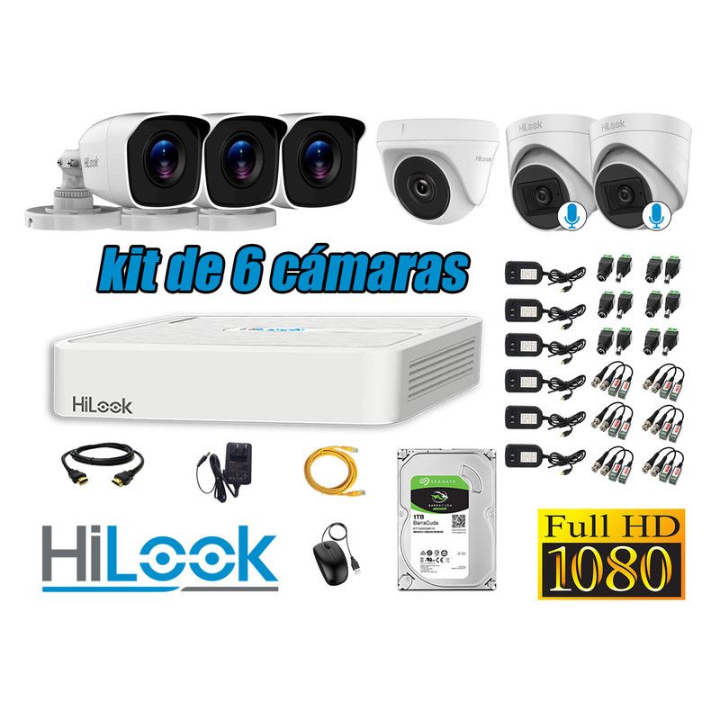 HILOOK - KIT 6 CÁMARAS SEGURIDAD FULL HD 02 CAMARA AUDIO INCORPORADO DISCO 1TB