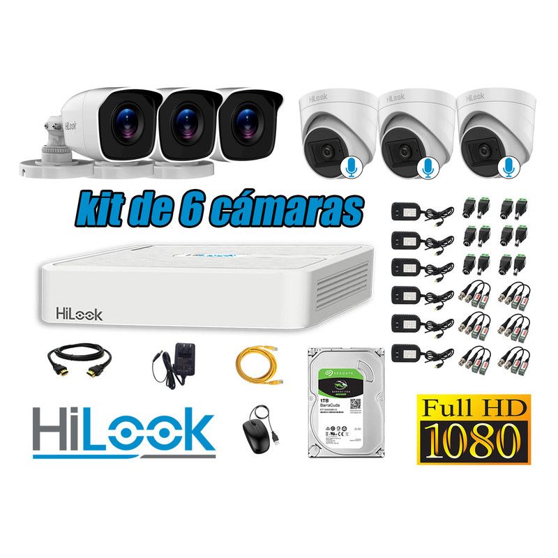 HILOOK - KIT 6 CÁMARAS SEGURIDAD FULL HD 03 CAMARA AUDIO INCORPORADO DISCO 1TB