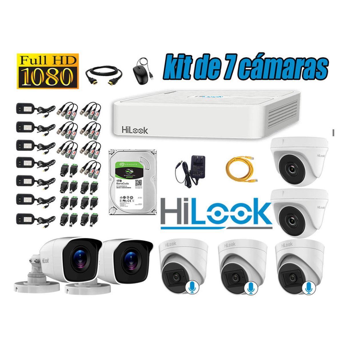 HILOOK - KIT 7 CÁMARAS SEGURIDAD FULL HD 03 CAMARA AUDIO INCORPORADO DISCO 1TB