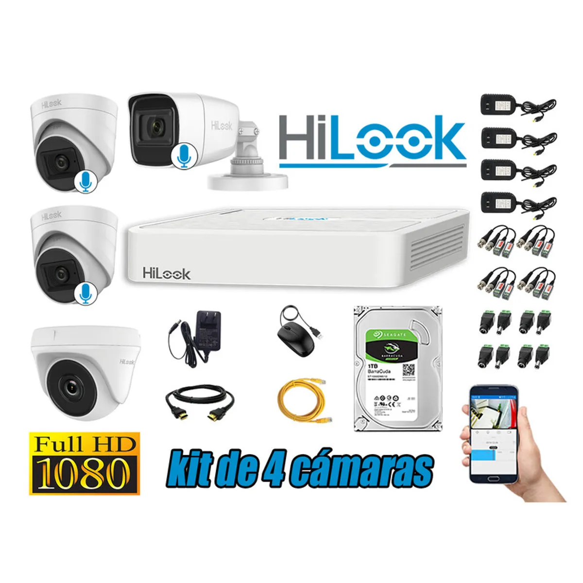 HILOOK - KIT 4 CÁMARAS SEGURIDAD FULL HD 3 CAMARA AUDIO INCORPORADO + DISCO 1TB