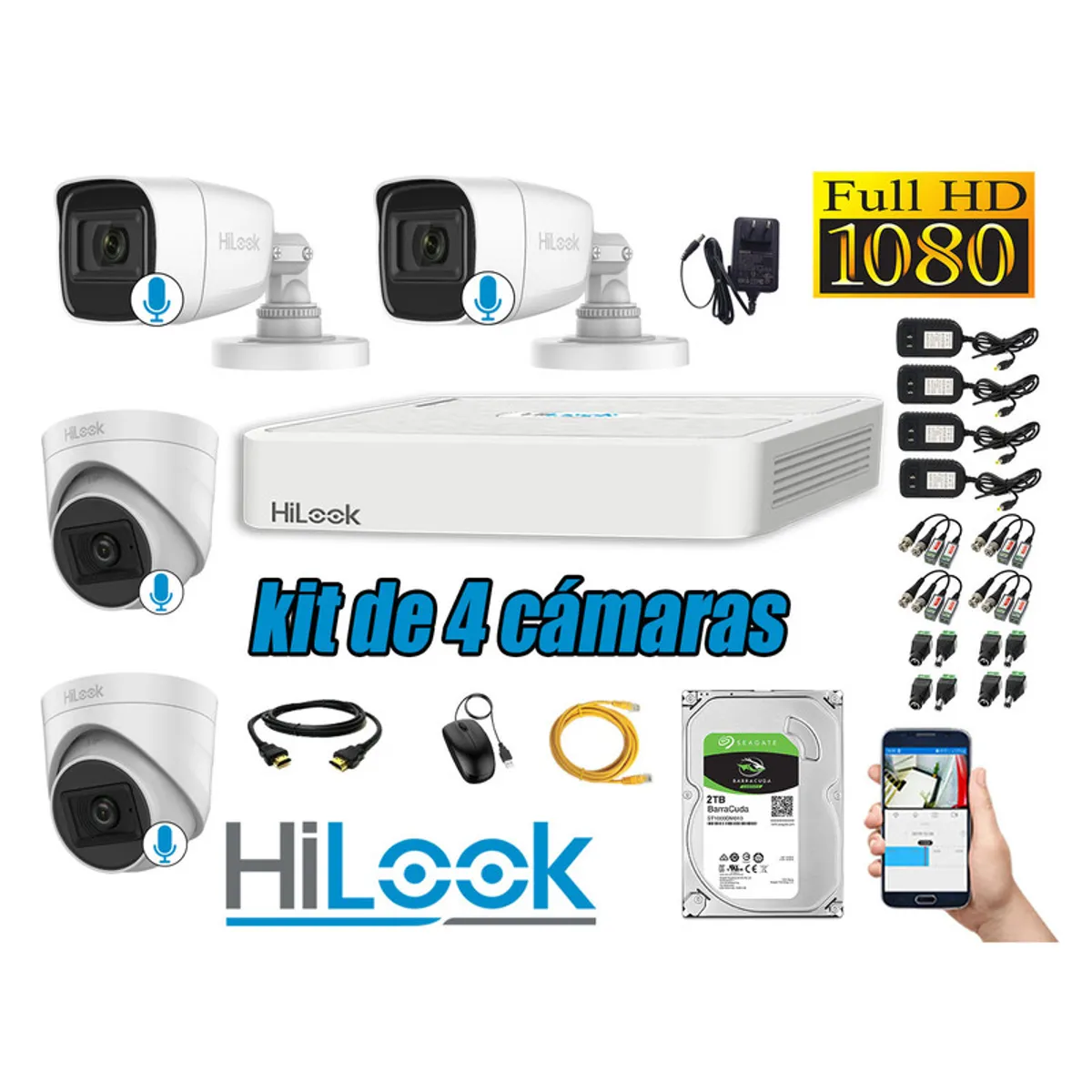 HILOOK - KIT 4 CÁMARAS SEGURIDAD AUDIO INCORPORADO FULL HD 1080P + DISCO 2TB