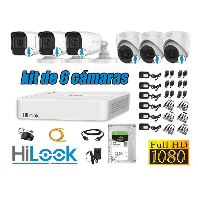 HILOOK - KIT 6 CÁMARAS SEGURIDAD AUDIO INCORPORADO FULL HD 1080P + DISCO 2TB