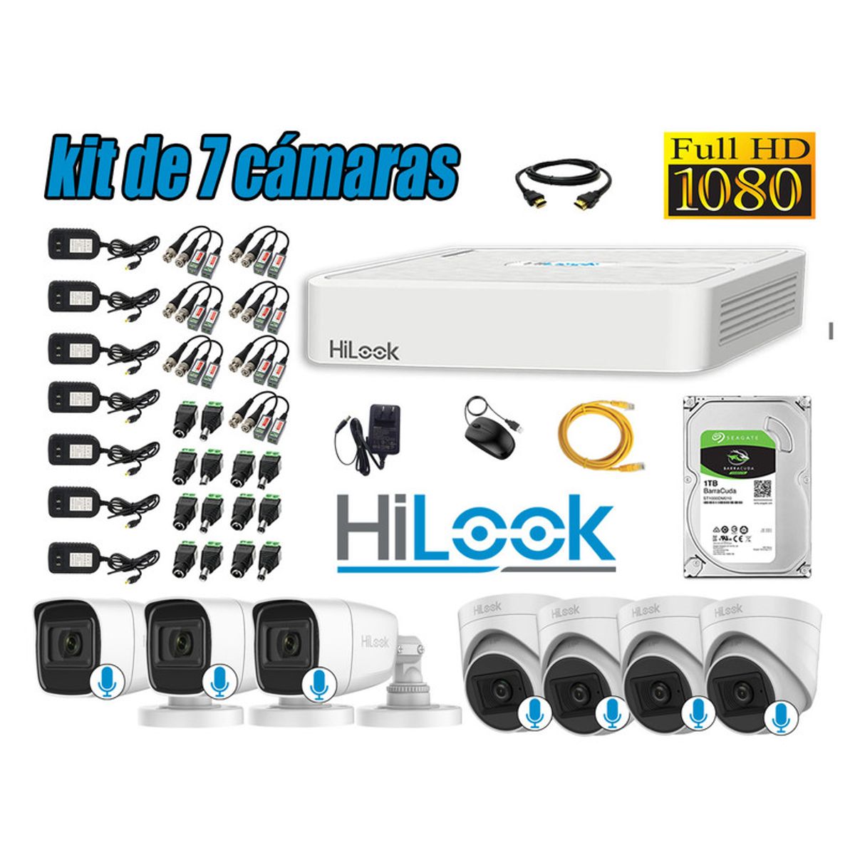 HILOOK - KIT 7 CÁMARAS SEGURIDAD AUDIO INCORPORADO FULL HD 1080P + DISCO 1TB
