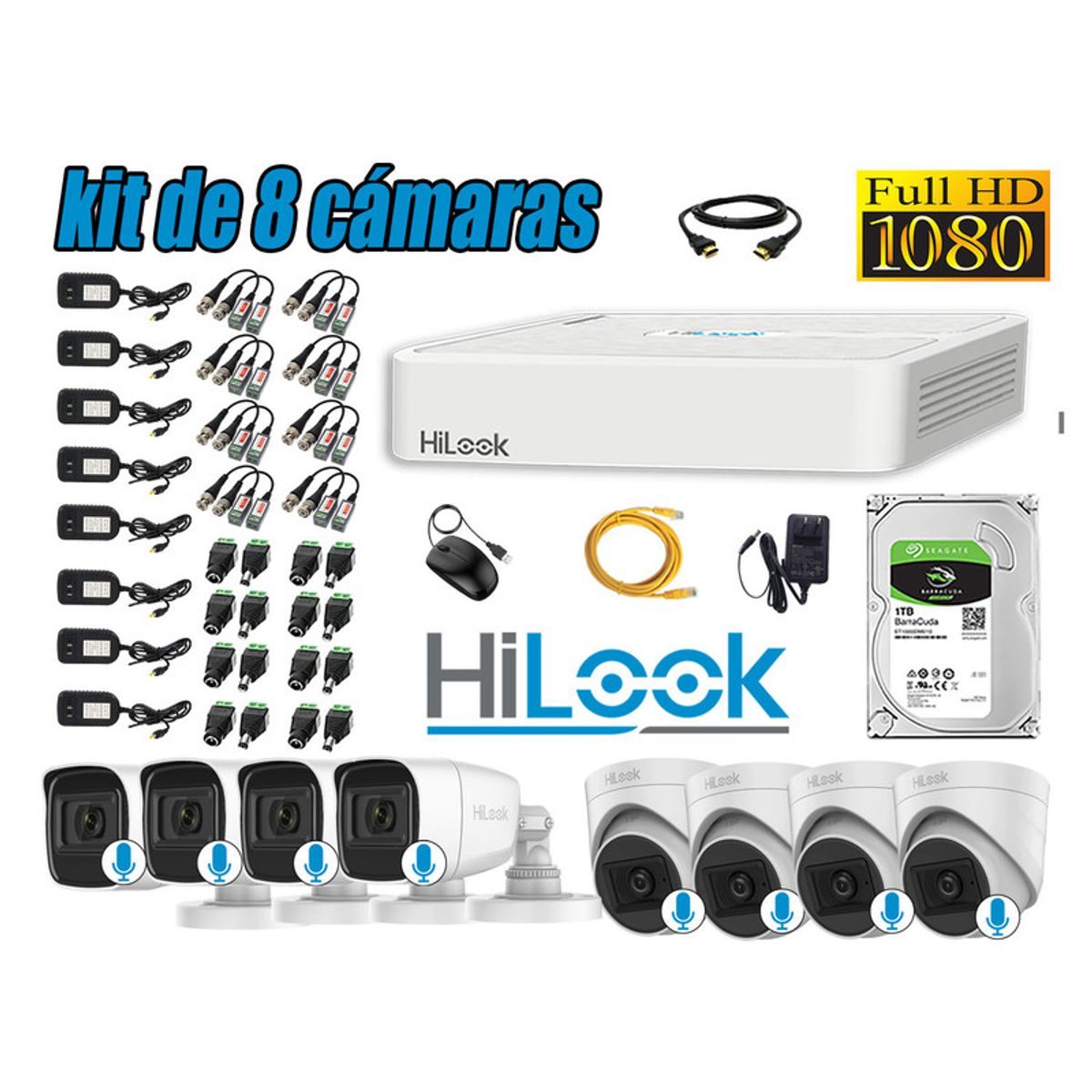 HILOOK - KIT 8 CÁMARAS SEGURIDAD AUDIO INCORPORADO FULL HD 1080P + DISCO 1TB