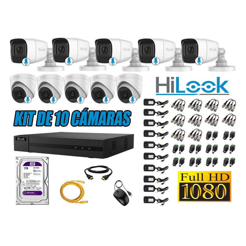 HILOOK - KIT 10 CÁMARAS SEGURIDAD AUDIO INCORPORADO FULL HD 1080P + DISCO 1TB