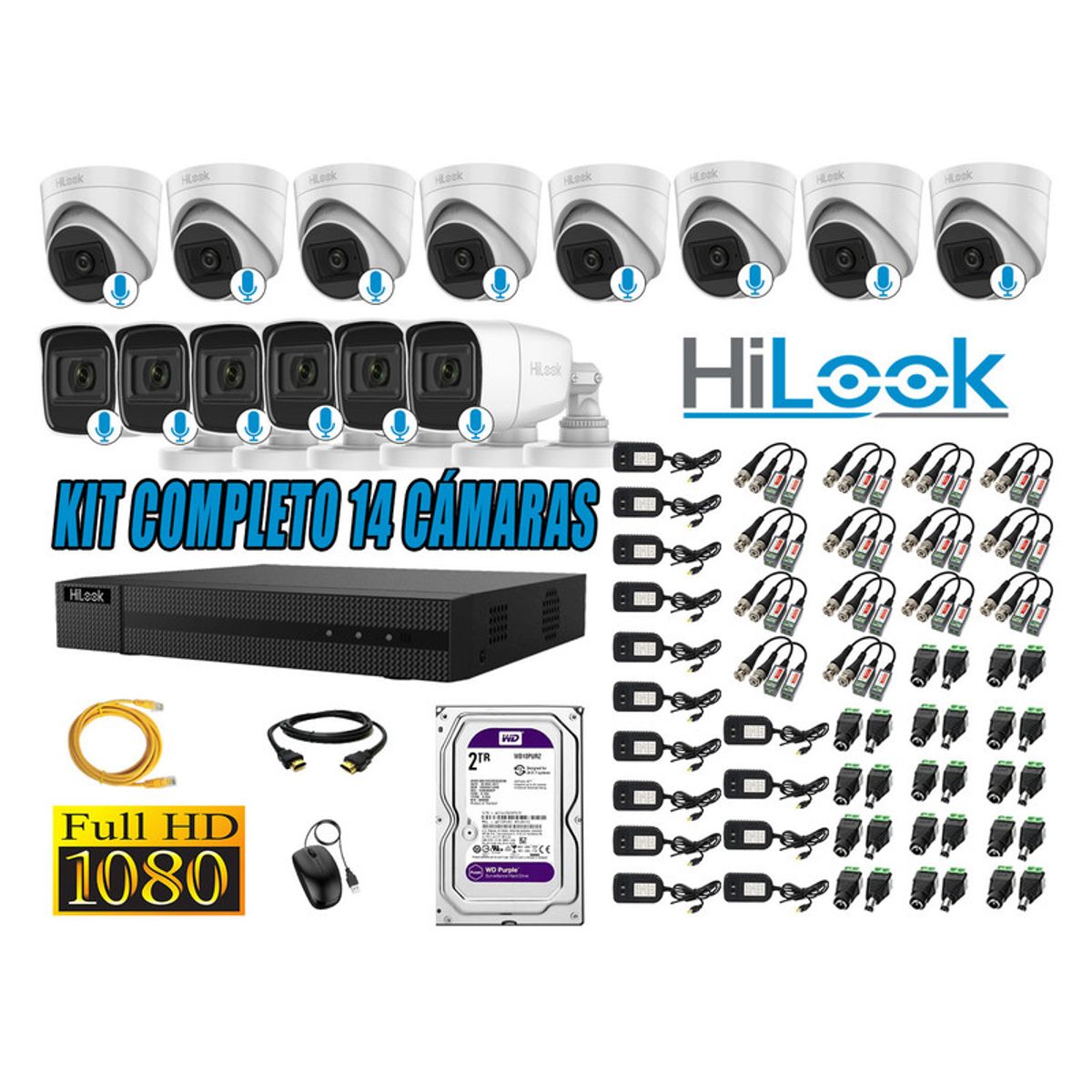 HILOOK - KIT 14 CÁMARAS SEGURIDAD AUDIO INCORPORADO FULL HD 1080P + DISCO 2TB