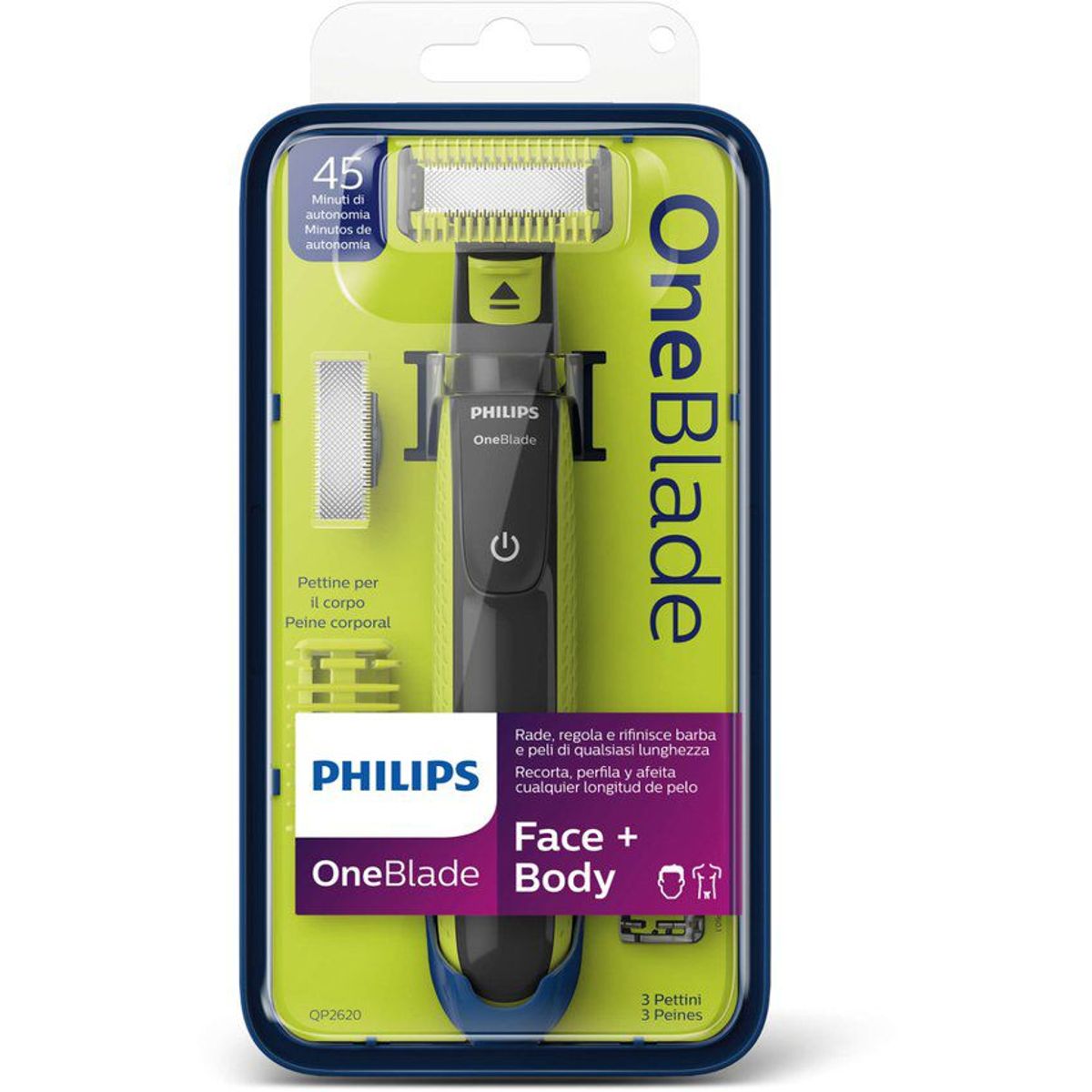 PHILIPS - Modelador de barba oneblade face & body 3 peines y 2 cuchillas qp2620