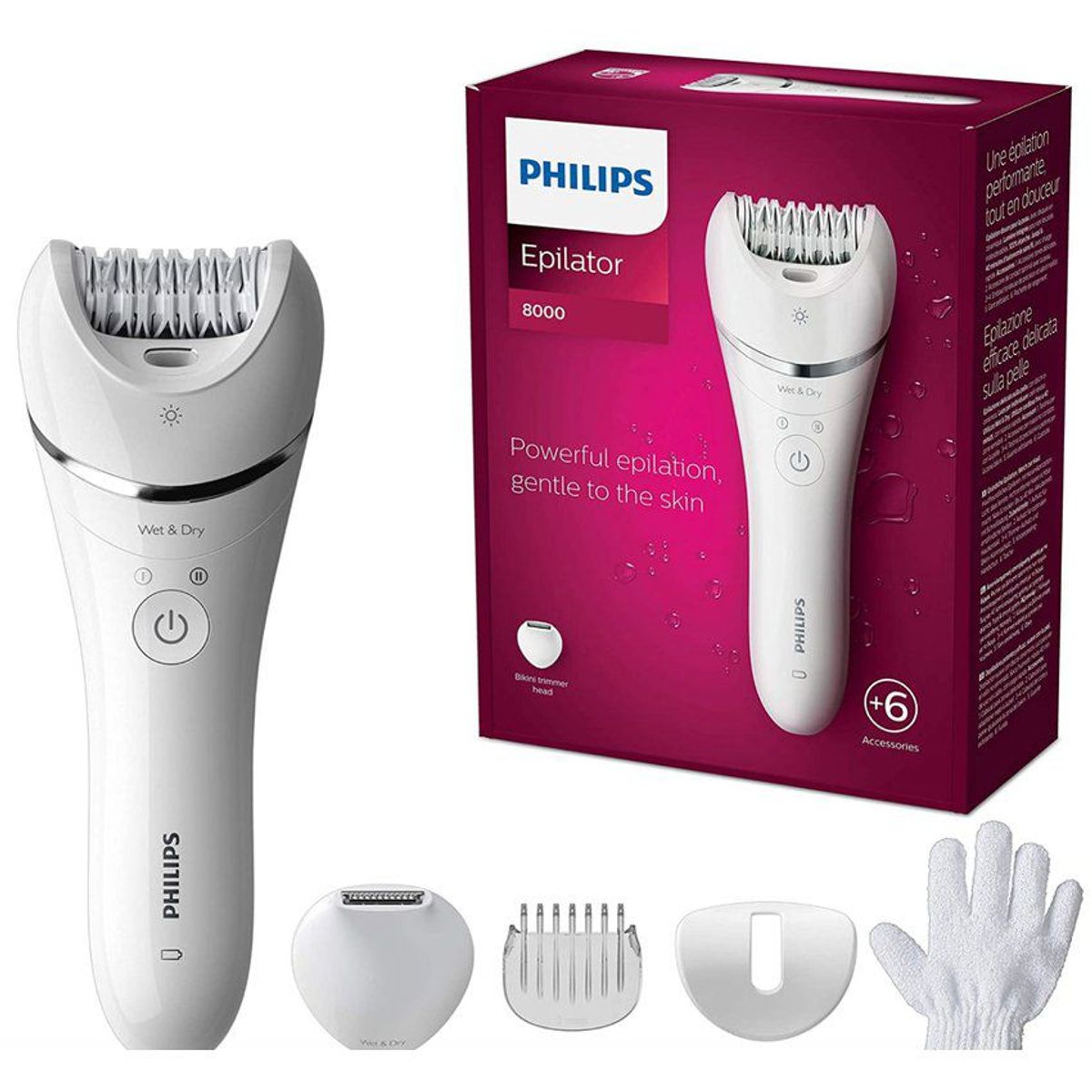 PHILIPS - Depiladora resistente al agua + 6 accesorio y luz philips - bre715