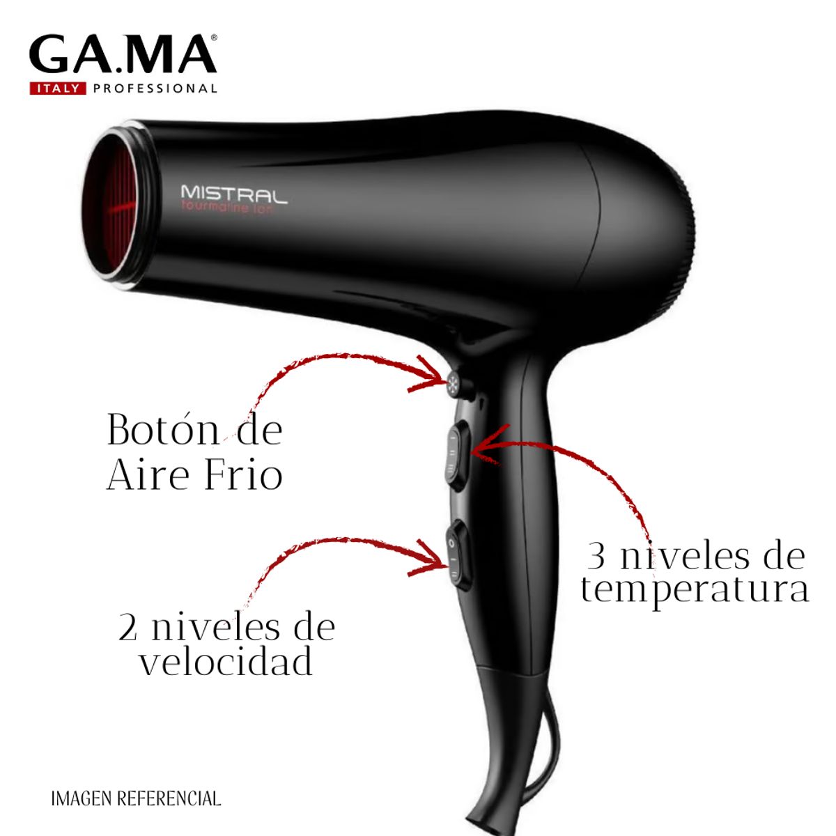 GAMA - Secadora  de Cabello Gama  Mistral Tourmaline Ion 2200 watts.