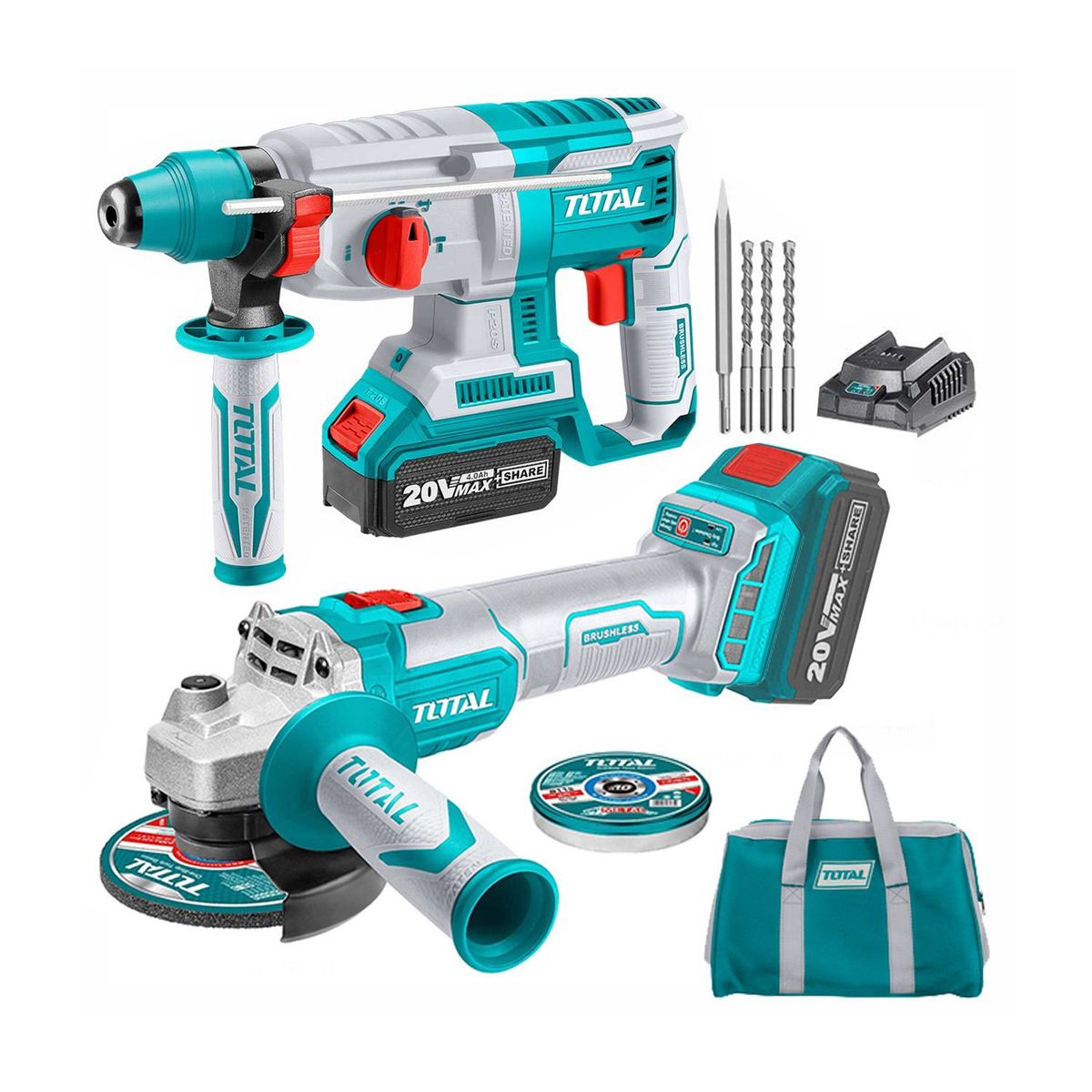 TOTAL TOOLS - COMBO 20V TOTAL ROTOMARTILLO BRUSHLESS  AMOLADORA BRUSHLESS 4AH