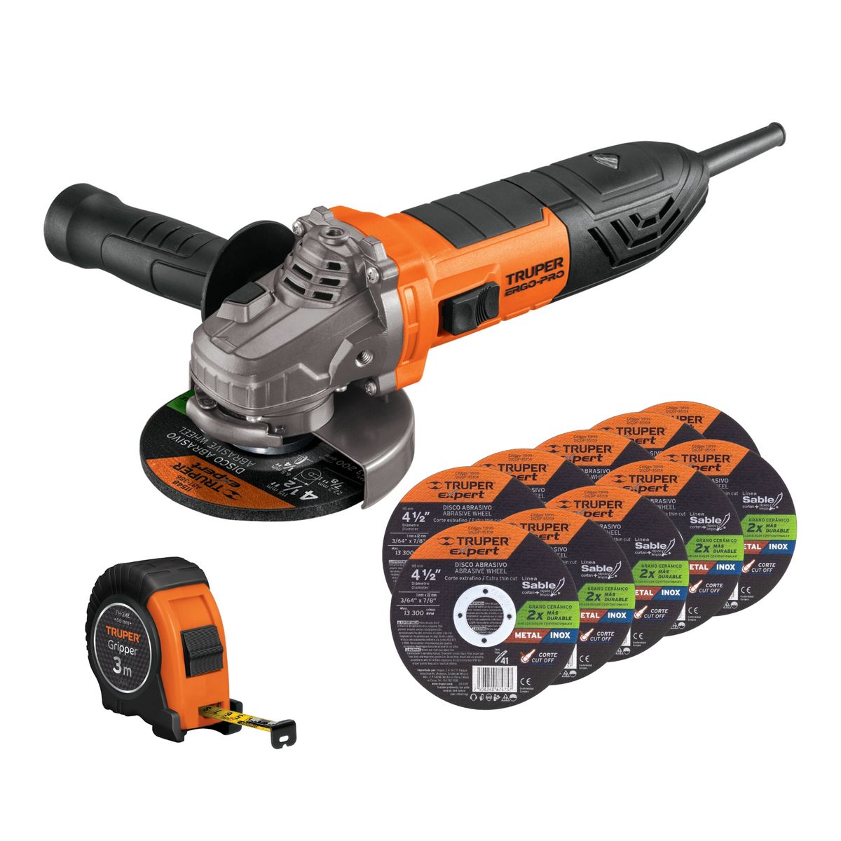 TRUPER - Amoladora Truper ERGO PRO 850W, 10 discos de corte, 1 Wincha 3m TRUPER