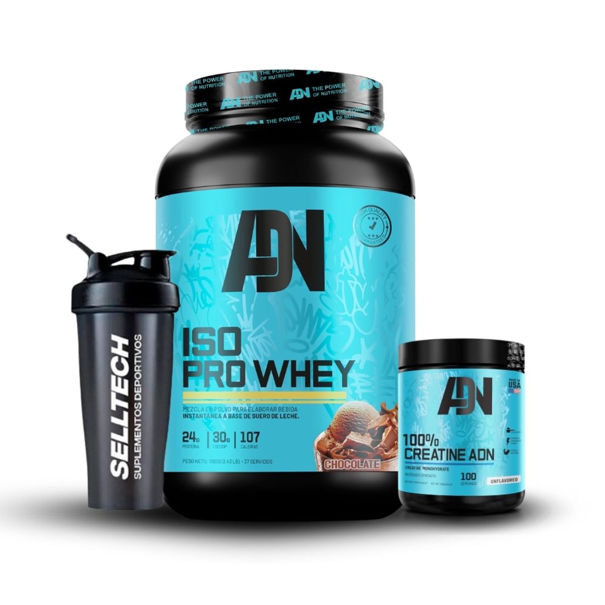 ADN - Proteína Iso Pro Whey de 1100 Gramos Chocolate + Creatina 250gr