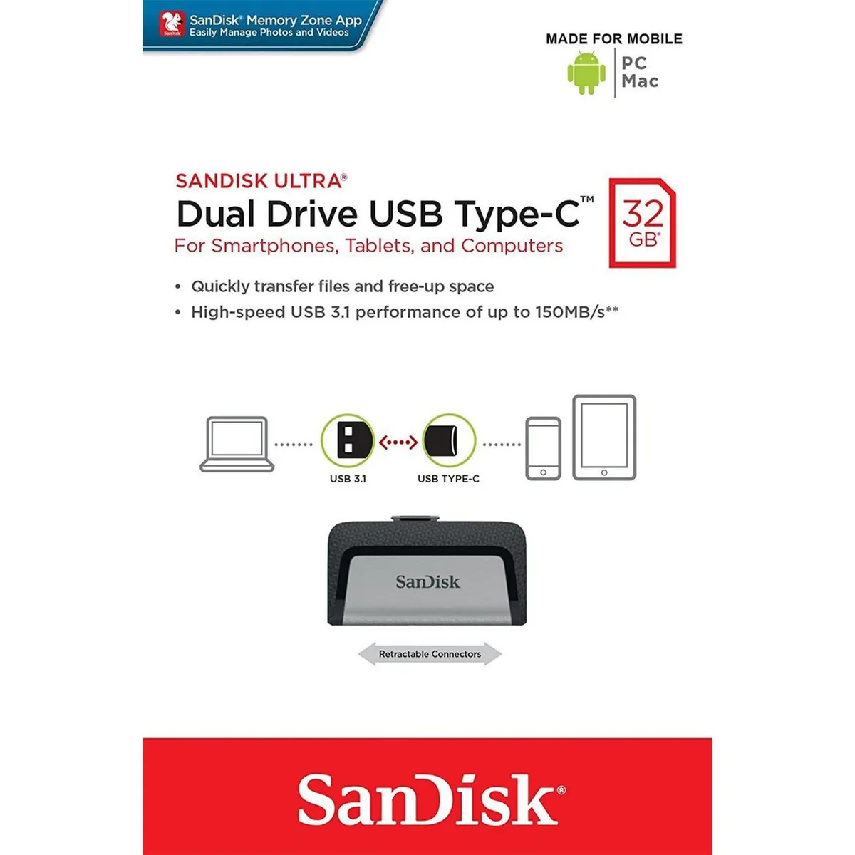 SANDISK - Memoria Sandisk USB OTG 128GB 150MB ULTRA Dual Drive TIPO C USB 3.1