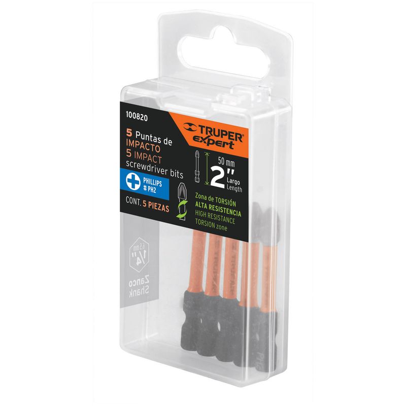 TRUPER - Estuche con 5 puntas de cruz ph2 de impacto largo 2" Truper