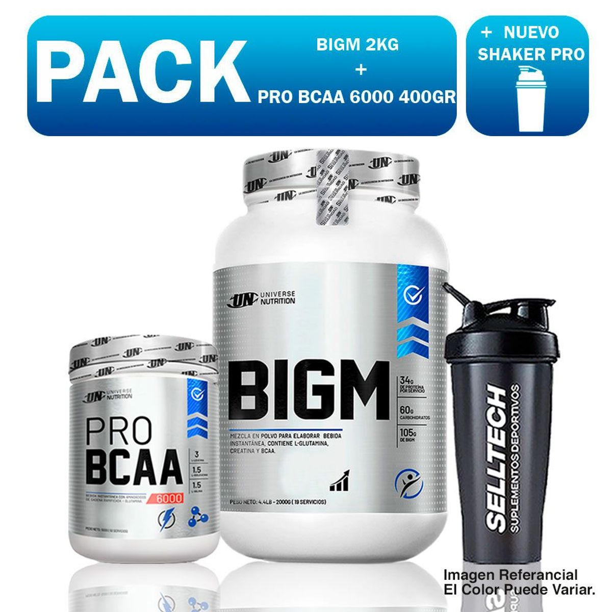 UNIVERSE NUTRITION - Proteína UN Bigm 2 kg Chocolate + Bcaa 6000 500gr Naranja + Shaker
