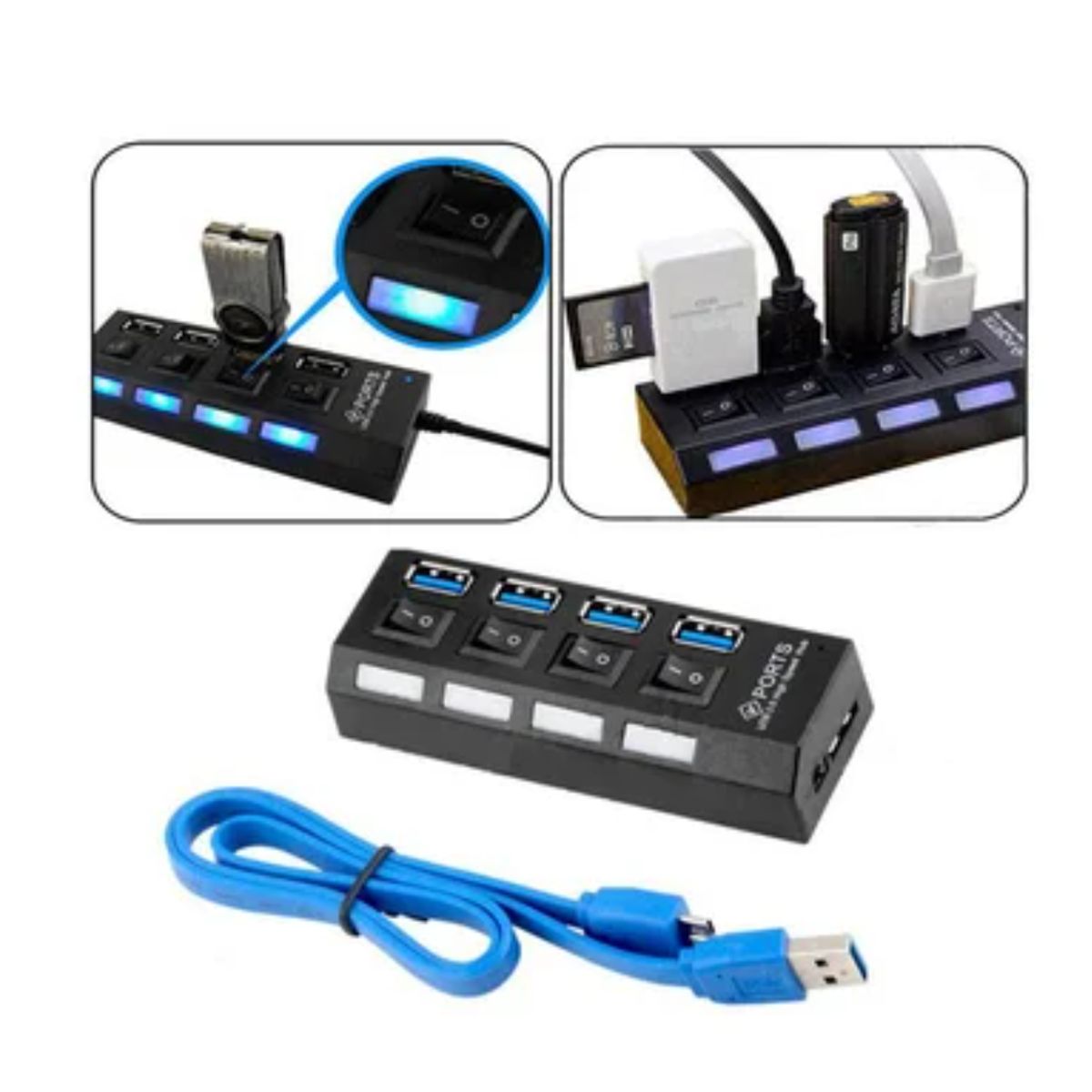 GENERICO - Hub 4 Puertos Independientes 3.0 Usb Botón Encendido Cada Puerto Negro