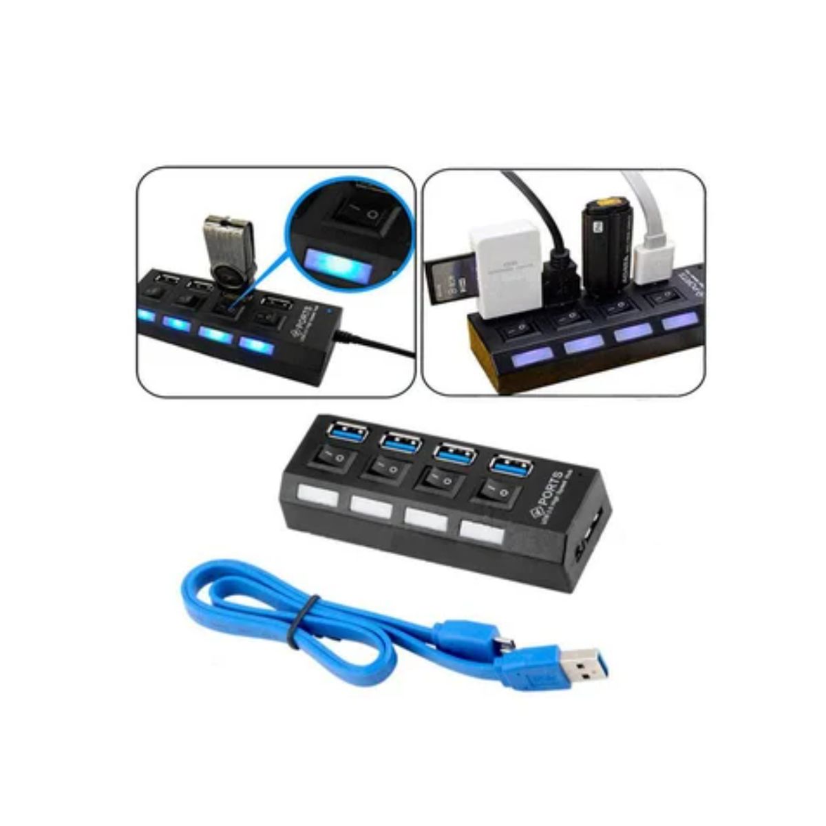 GENERICO - Hub 4 Puertos Independientes 3.0 Usb Botón Encendido Cada Puerto Negro