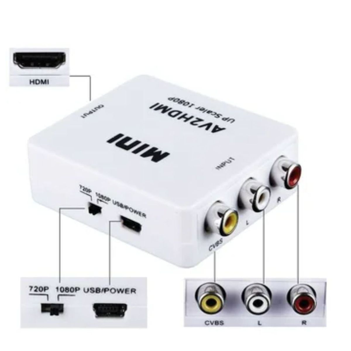 GENERICO - Convertidor Adaptador Av Rca a HDMI 1080p Full Hd Video - Blanco
