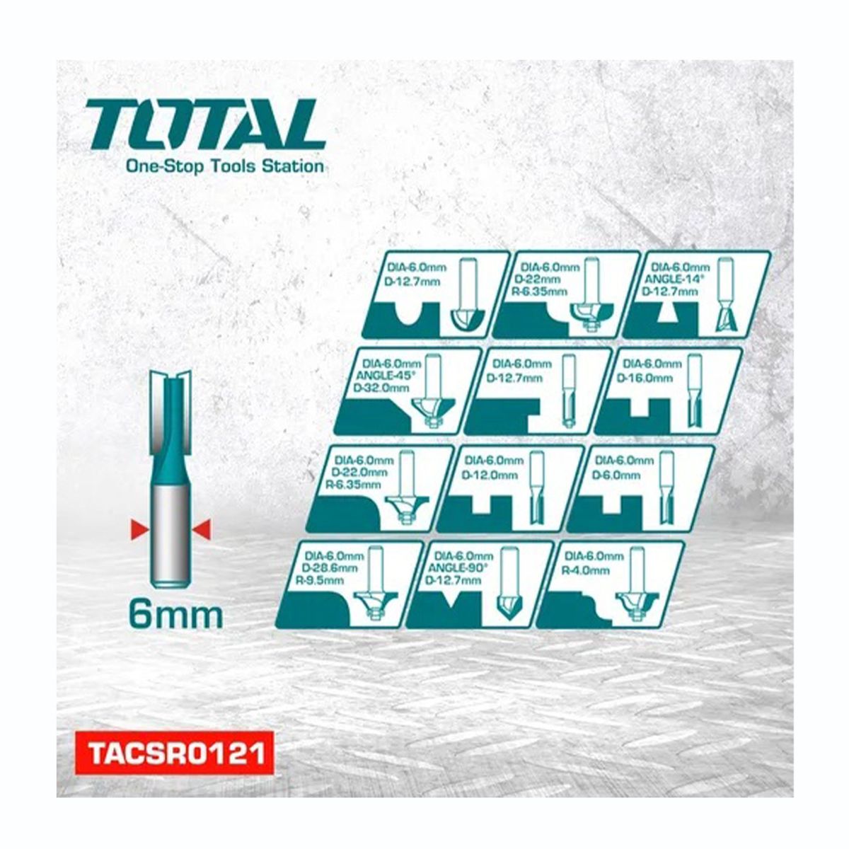 TOTAL TOOLS - SET DE FRESAS 6MM 12PZS PARA RUTEADORA FRESADORA TOTAL - TACSR0121