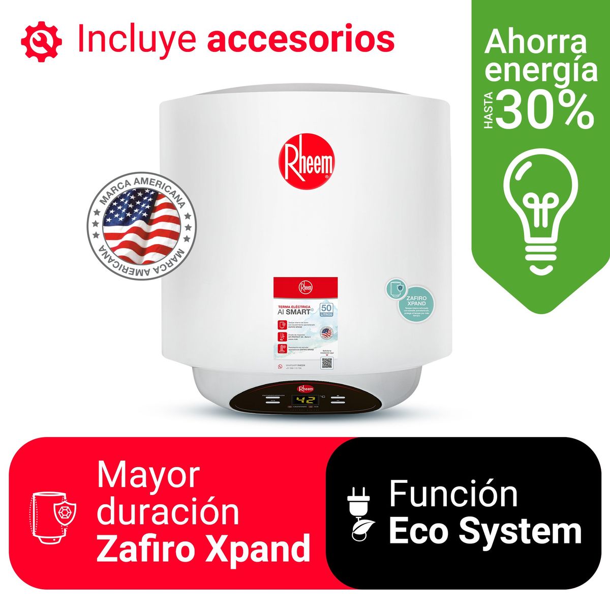RHEEM - TERMA ELÉCTRICA 50L RHEEM AI SMART- MAYOR AHORRO DE ENERGÍA