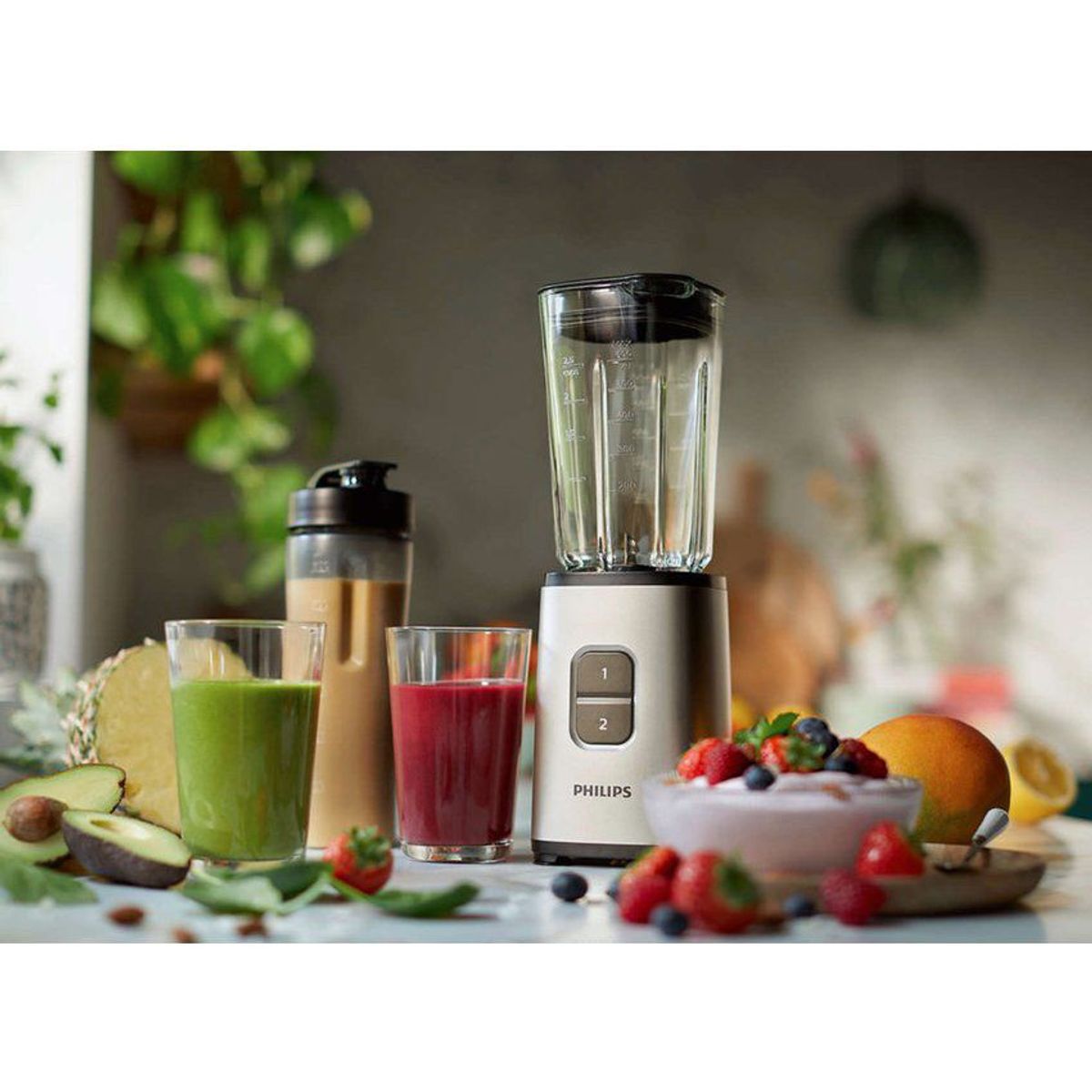 PHILIPS - Mini licuadora Philips 350W con Vaso + Tomado + Picatodo HR2604