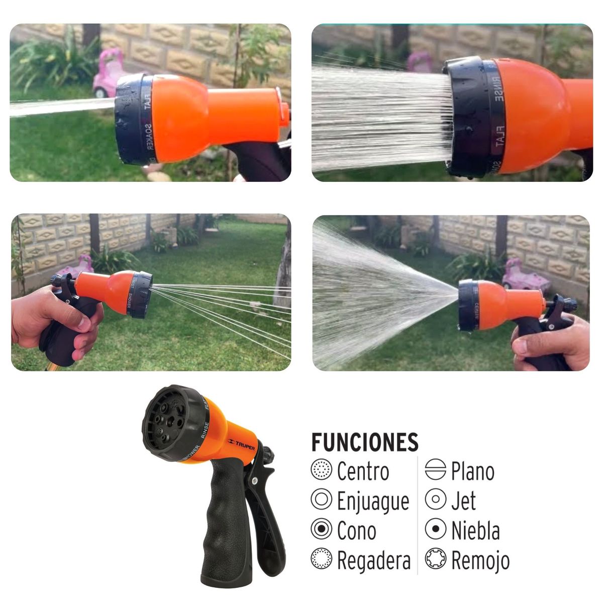 TRUPER - Pistola para riego de 8 funciones, Truper