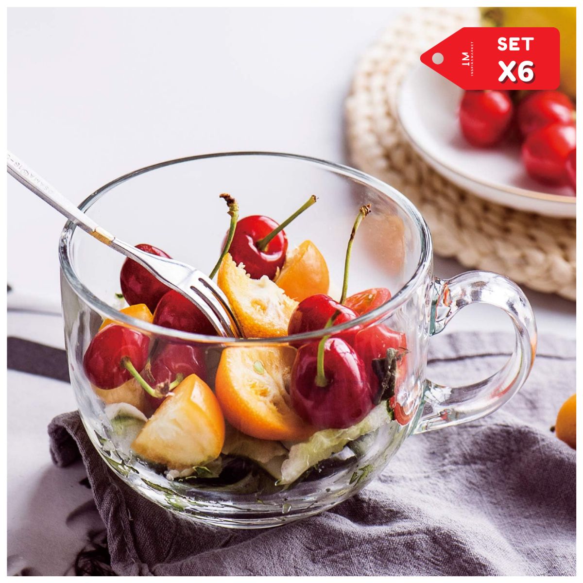 INSPIRA MARKET - Tazas de vidrio con mango mediana de 440 ml Set x6