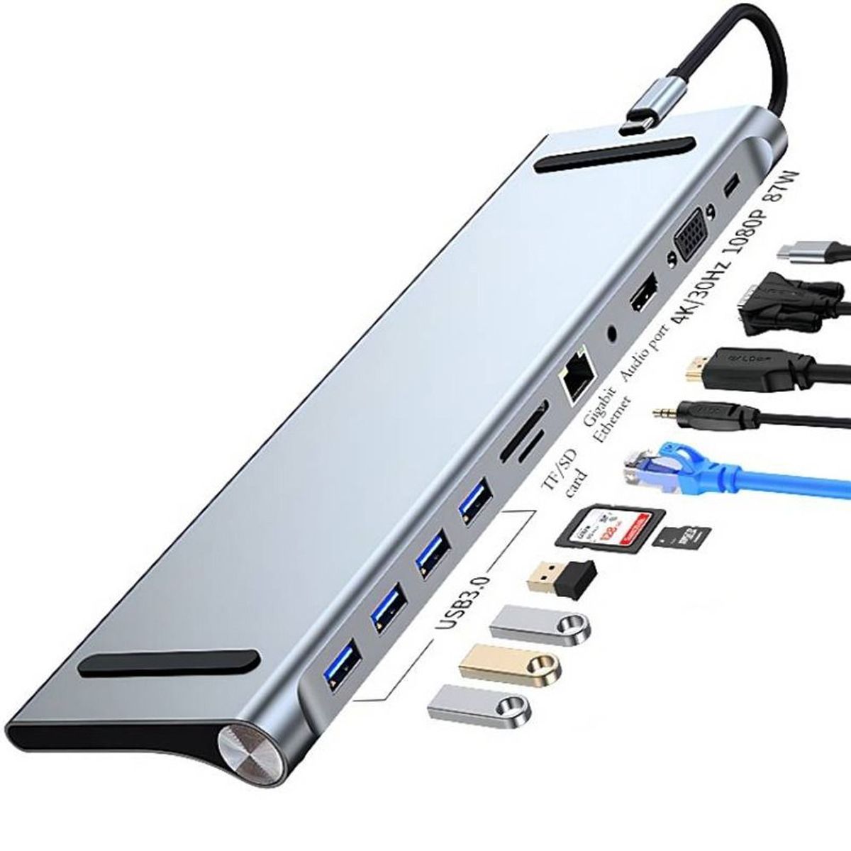 GENERICO - Adaptador Tipo C 11 En 1 Multiport Hub Estacion Lan Hdmi Vga aluminio