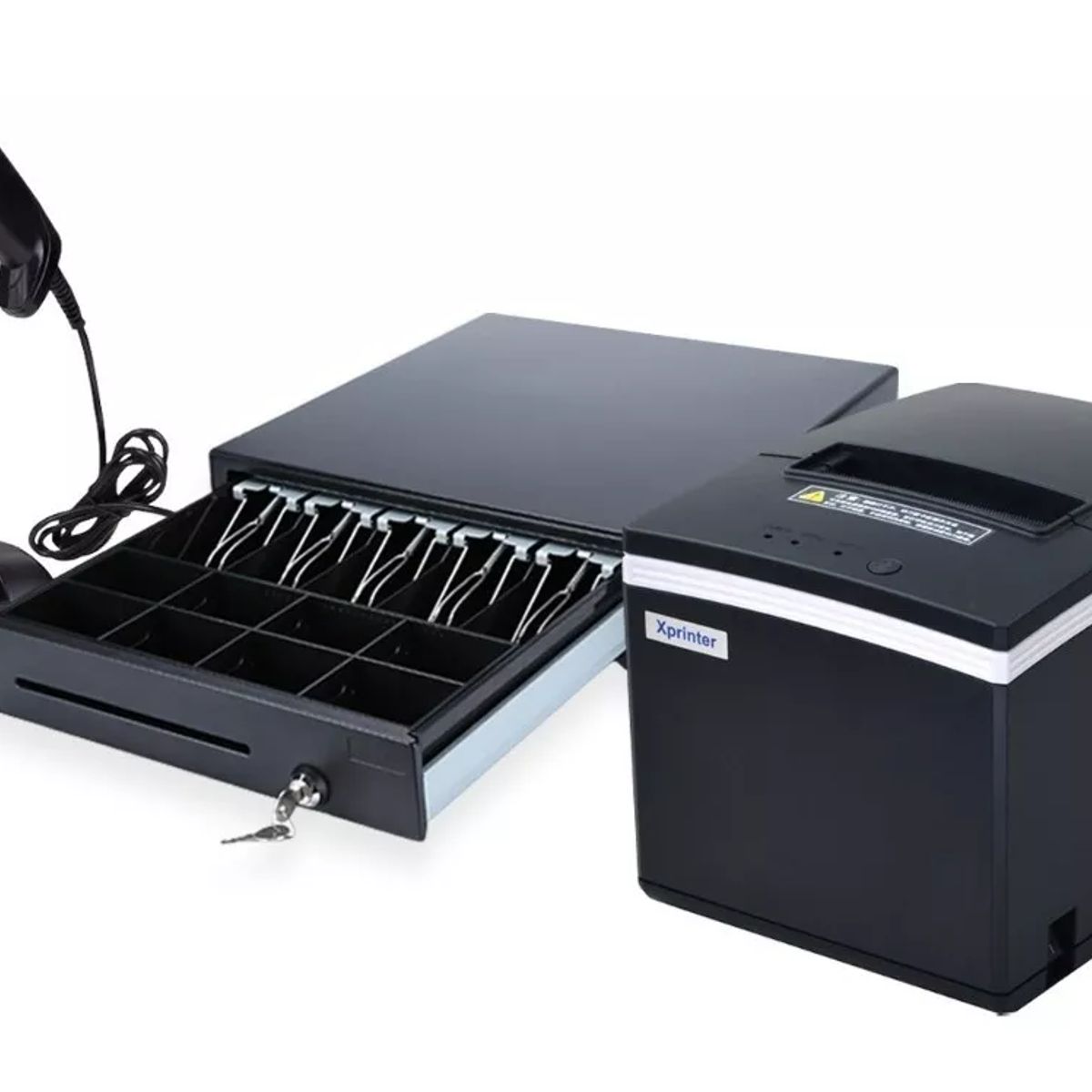 XPRINTER - Combo Impresora tickets 80mm usb Lan E200L + Lector 1D alámbrico 1100L + Gaveta dinero 41x42cm M410