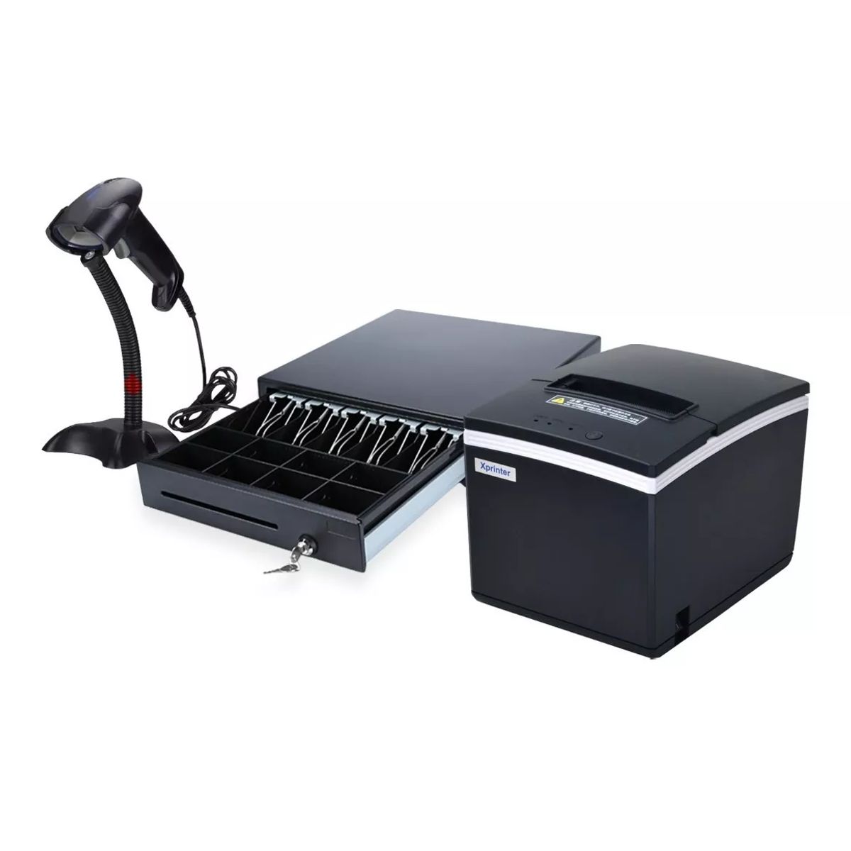 XPRINTER - Combo Impresora tickets 80mm usb Lan E200L + Lector 1D alámbrico 1100L + Gaveta dinero 41x42cm M410