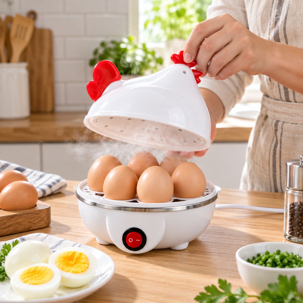 INSPIRA MARKET - Cocedor Eléctrico de Huevos 7 Unidades 350W Diseño Gallina 16 x 16 cm Color Aleatorio