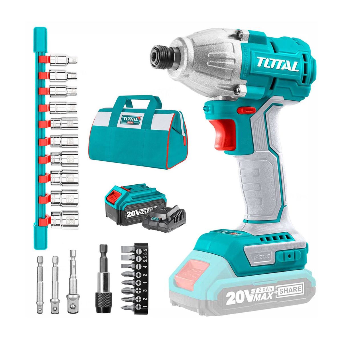 TOTAL TOOLS - ATORNILLADOR DE IMPACTO BRUSHLESS 20V  DADOS  CARGADOR Y BATERIA