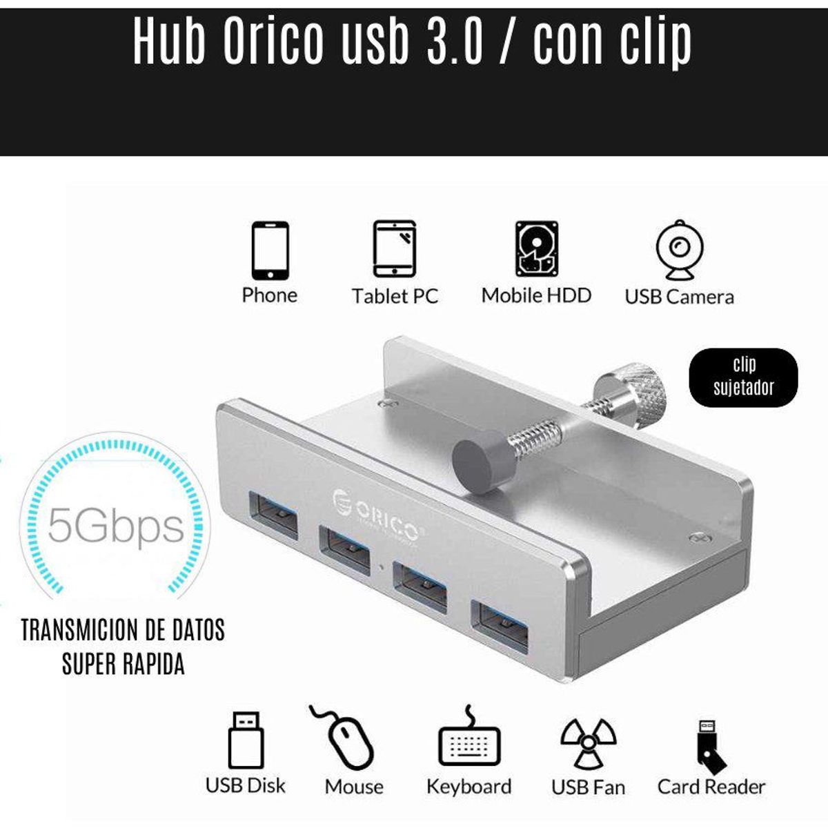 ORICO - Cable  adaptador hub 2 in 1 + clip 4 usb 3.0 5gbs alta velocidad