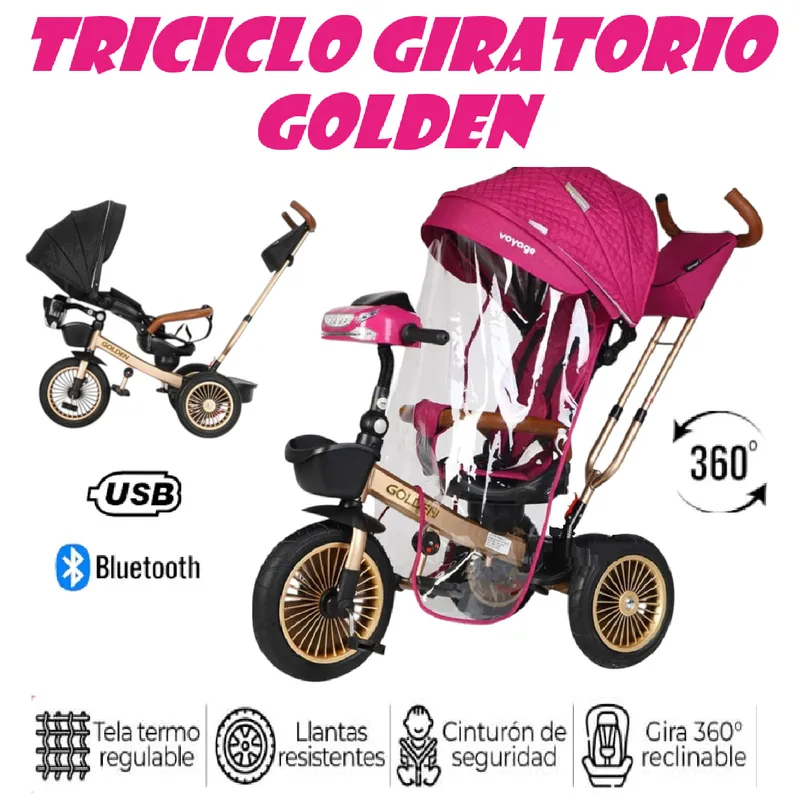 BABY GRACE - Triciclo Musical Golden Voyage Bluetooth Asiento Giratorio 5 en 1