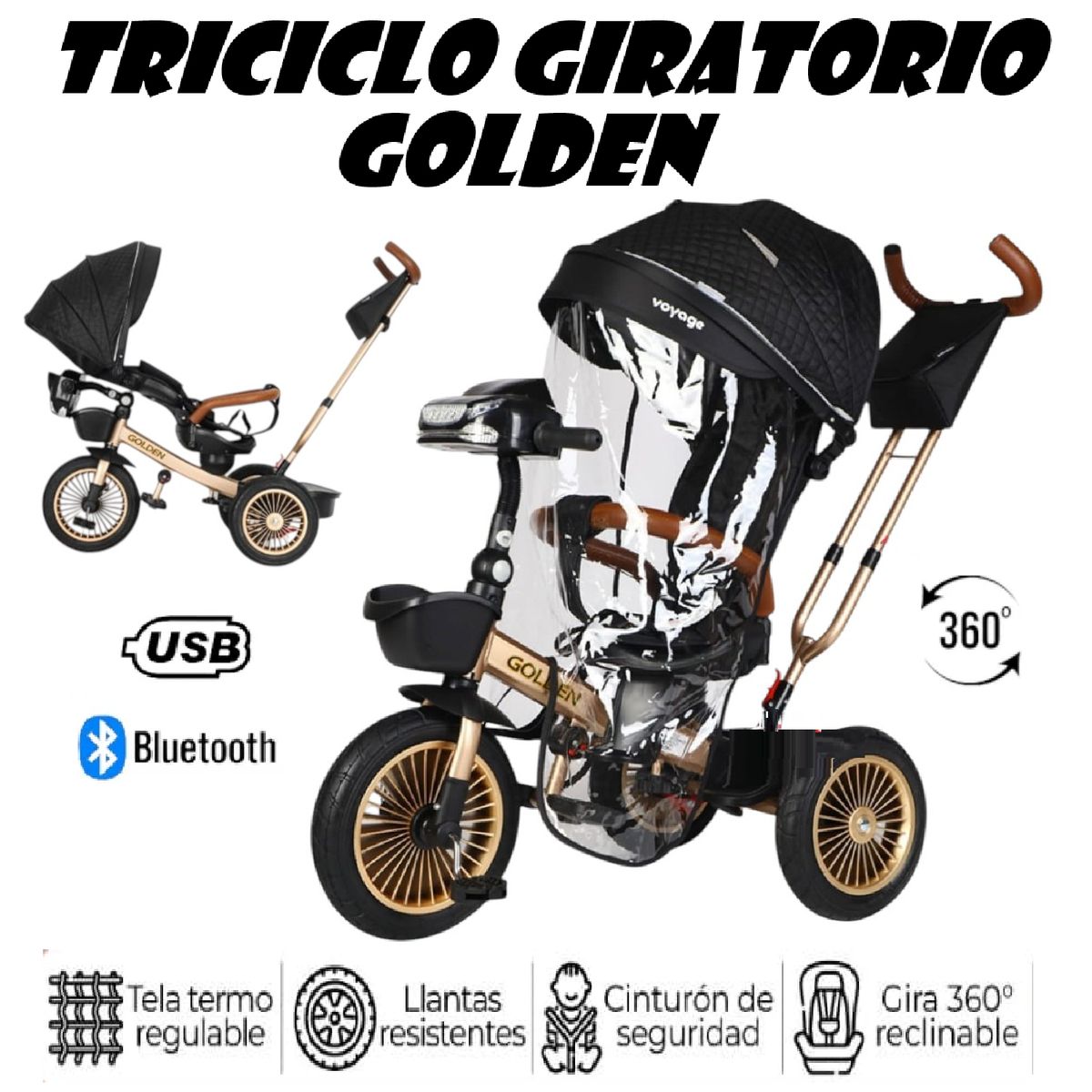BABY G - Triciclo Musical Golden Voyage Bluetooth Asiento Giratorio 5 en 1