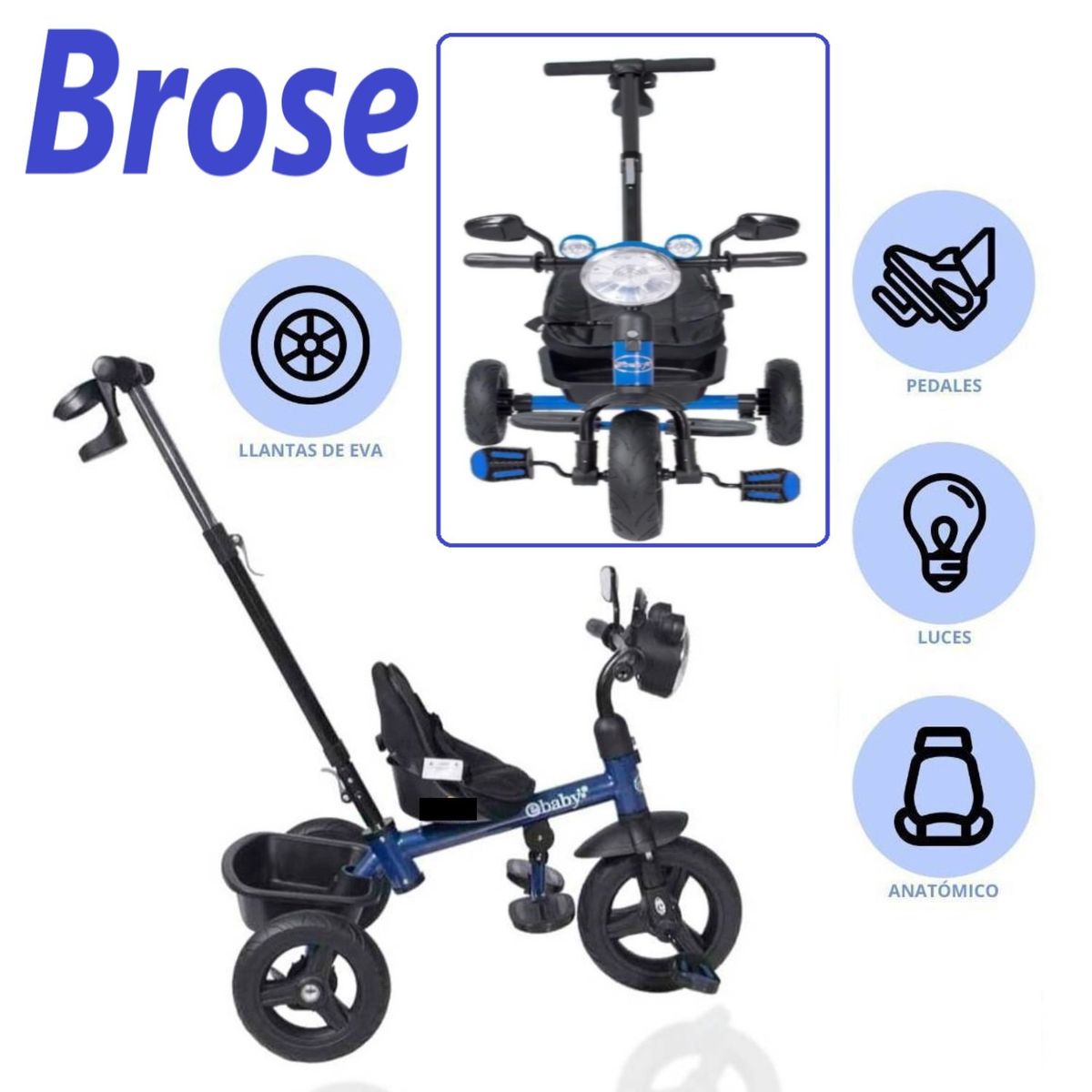 EBABY - Triciclo Brose guiador luz delantera con Porta Biberon Azul