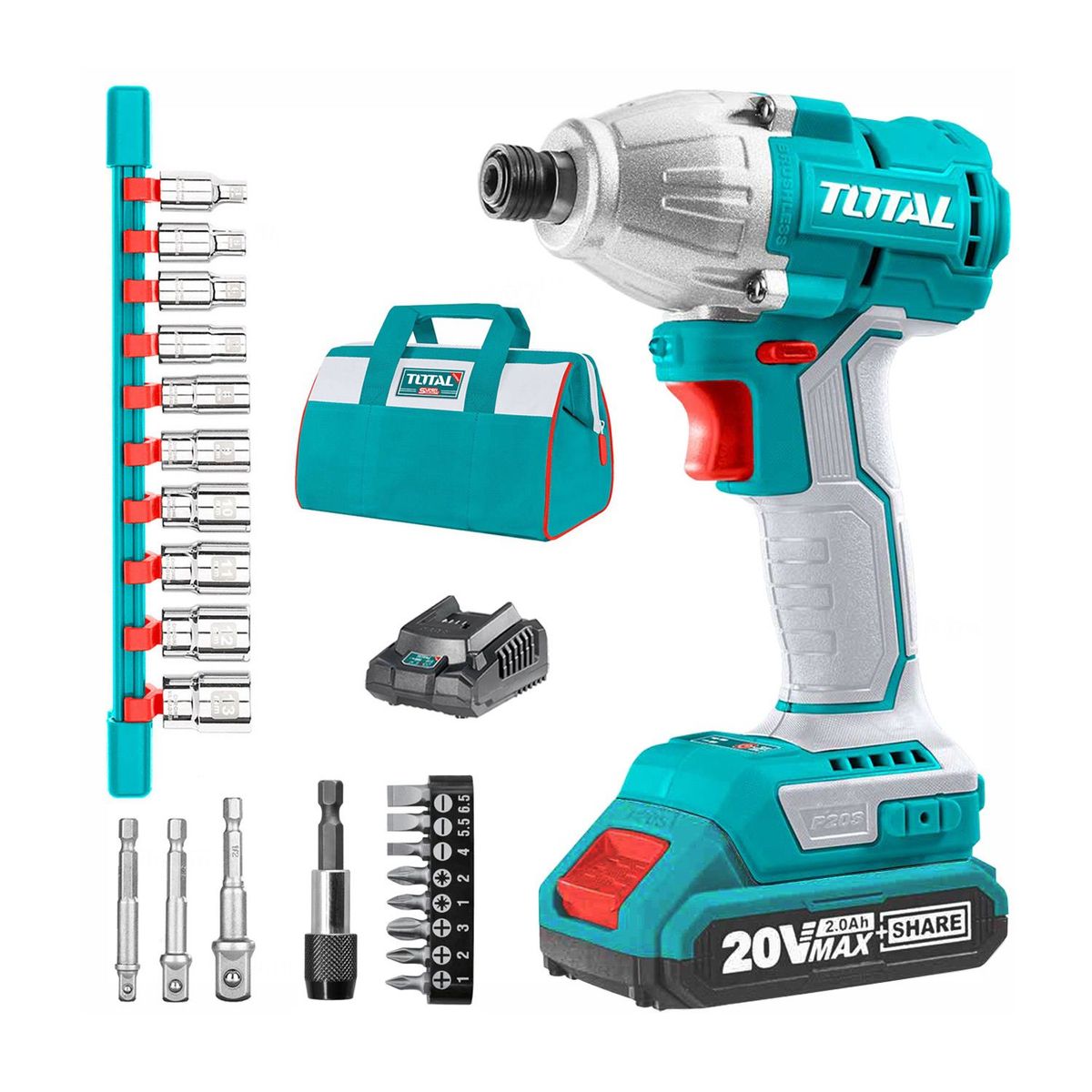 TOTAL TOOLS - ATORNILLADOR DE IMPACTO BRUSHLESS 20V DADOS ADAPTADOR BATERIA