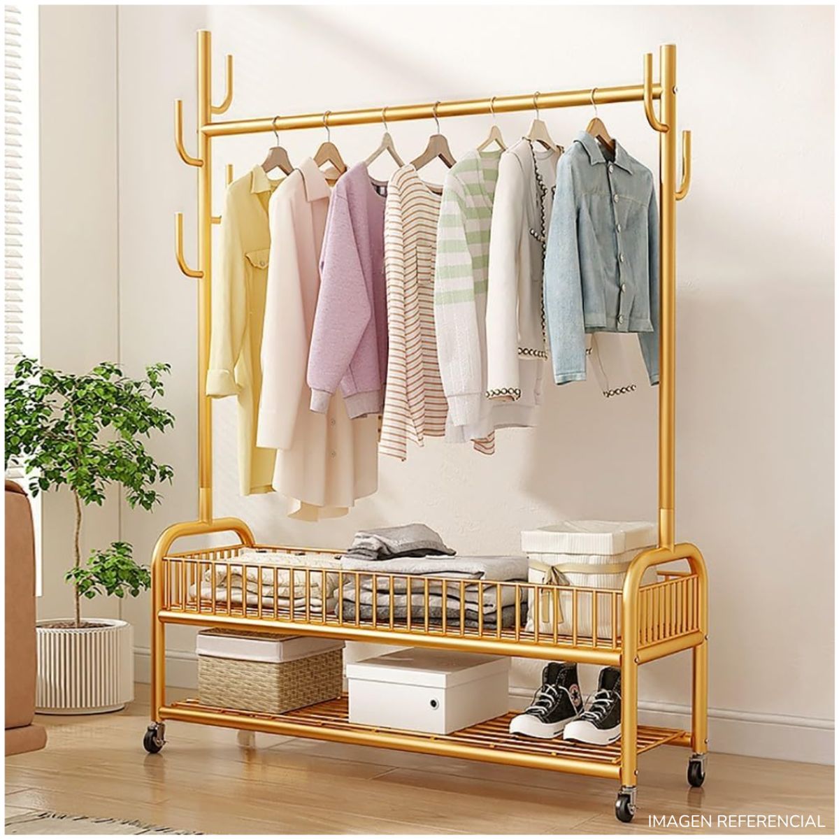 INSPIRA MARKET - Colgador Perchero de Repisas con Ruedas Dorado