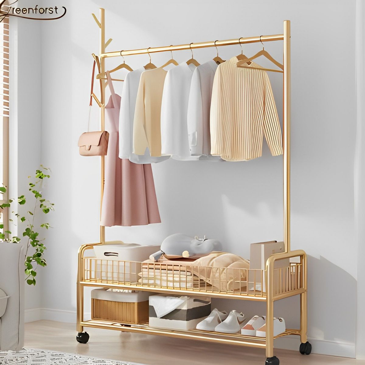 INSPIRA MARKET - Colgador Perchero de Repisas con Ruedas Dorado